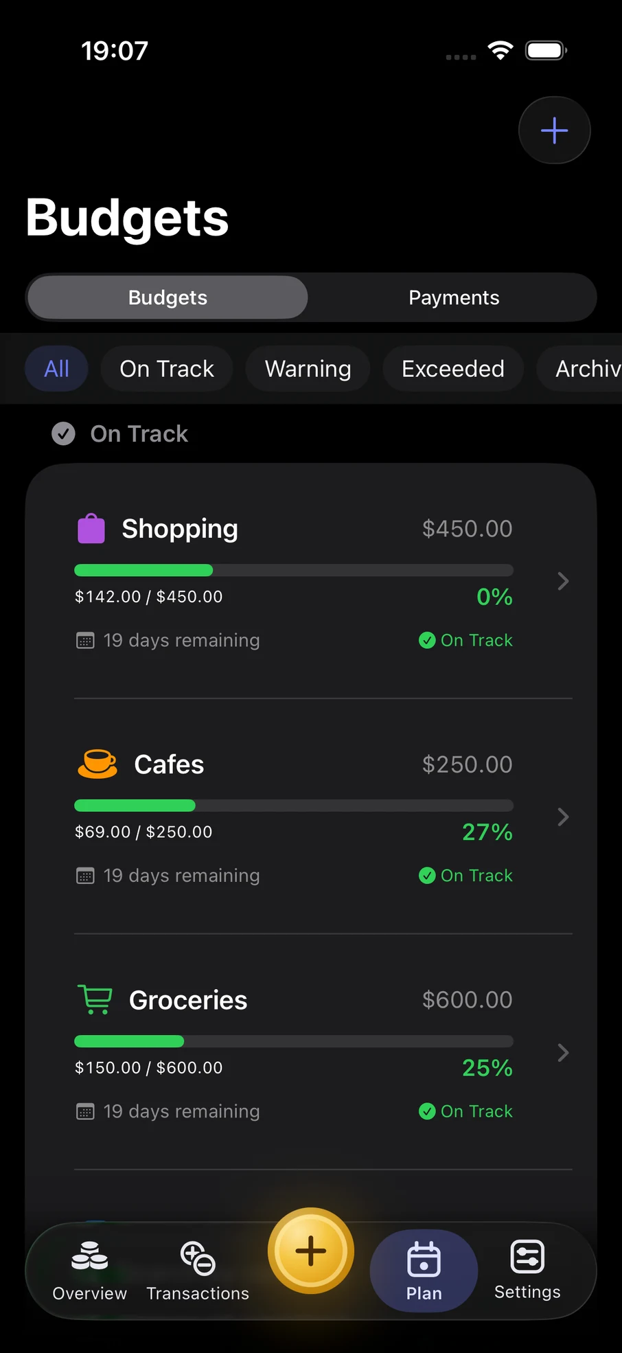 Category budgets in Finik on iPhone with demonstration data
