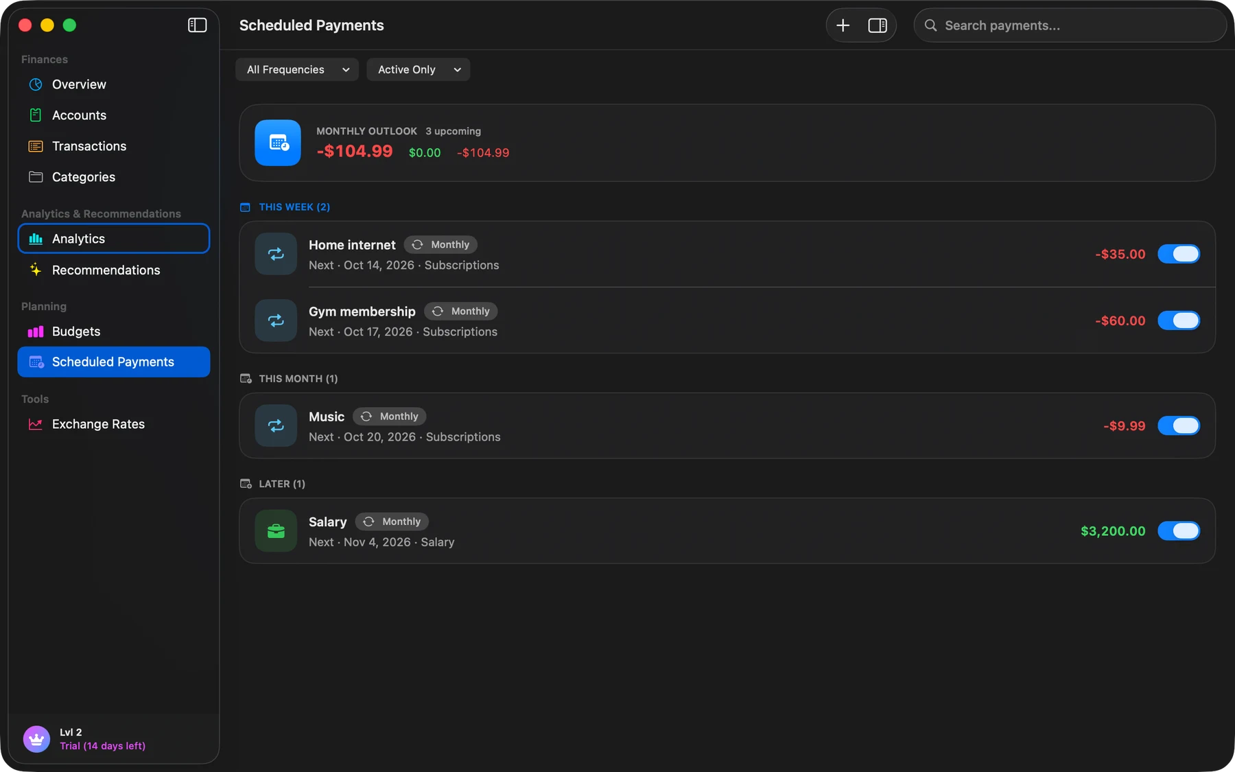 Finik analytics on Mac with demonstration data
