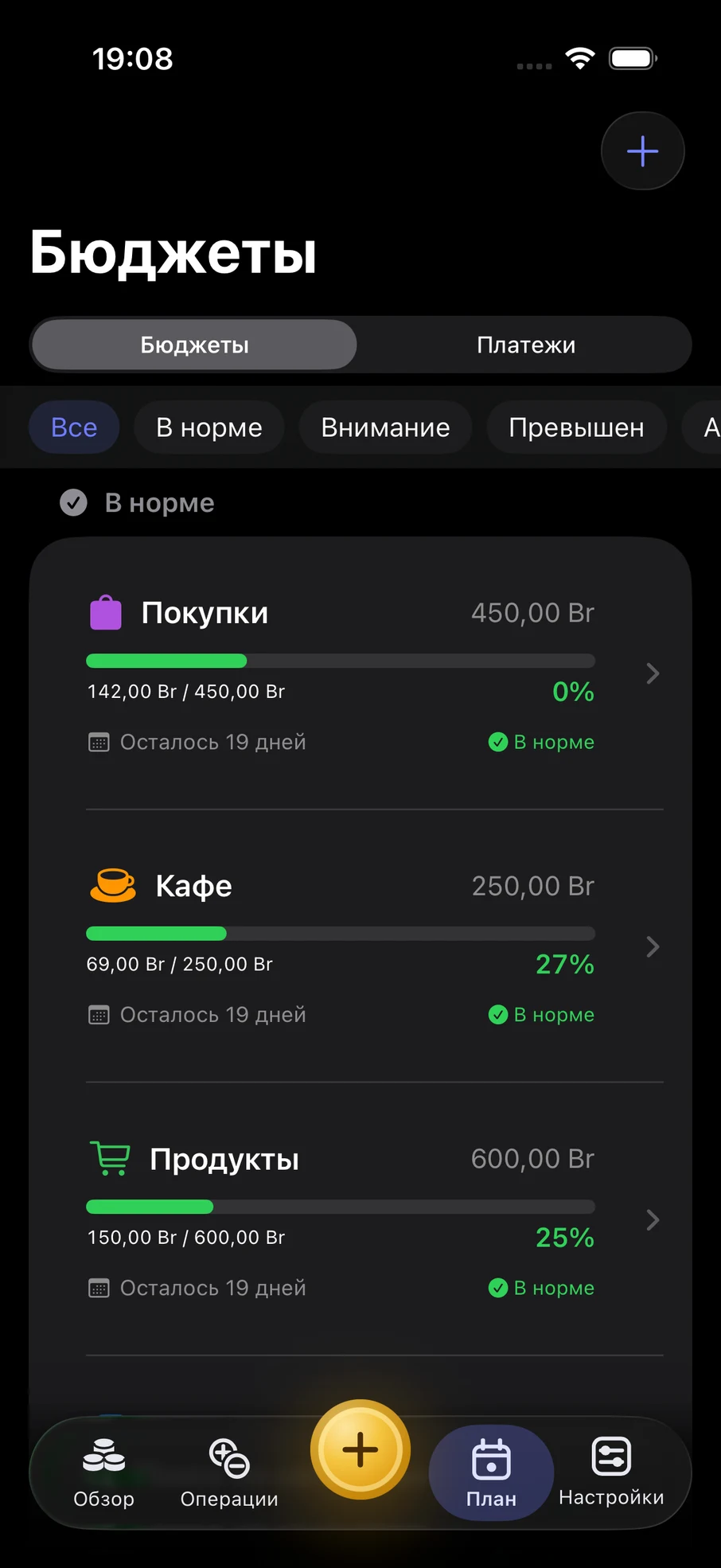 Бюджеты Finik на iPhone с демонстрационными данными